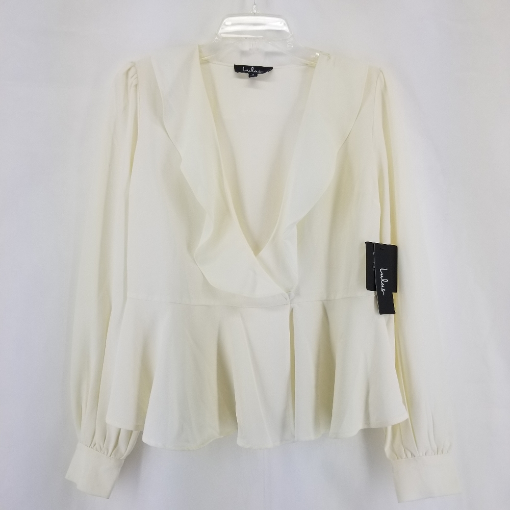LULUS Cream Long Sleeve Peplum Wrap Blouse